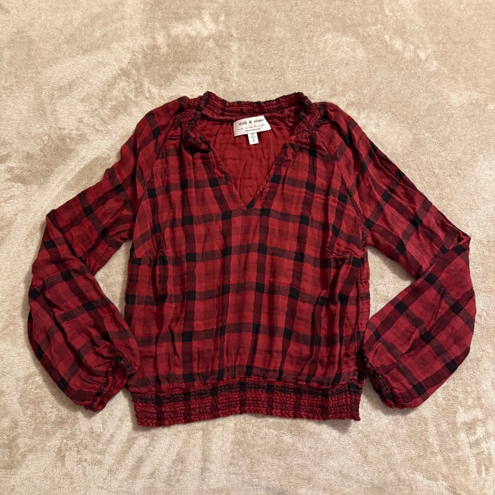 Cloth & Stone Anthropologie Red Black Plaid Smocked Hem Blouse XS